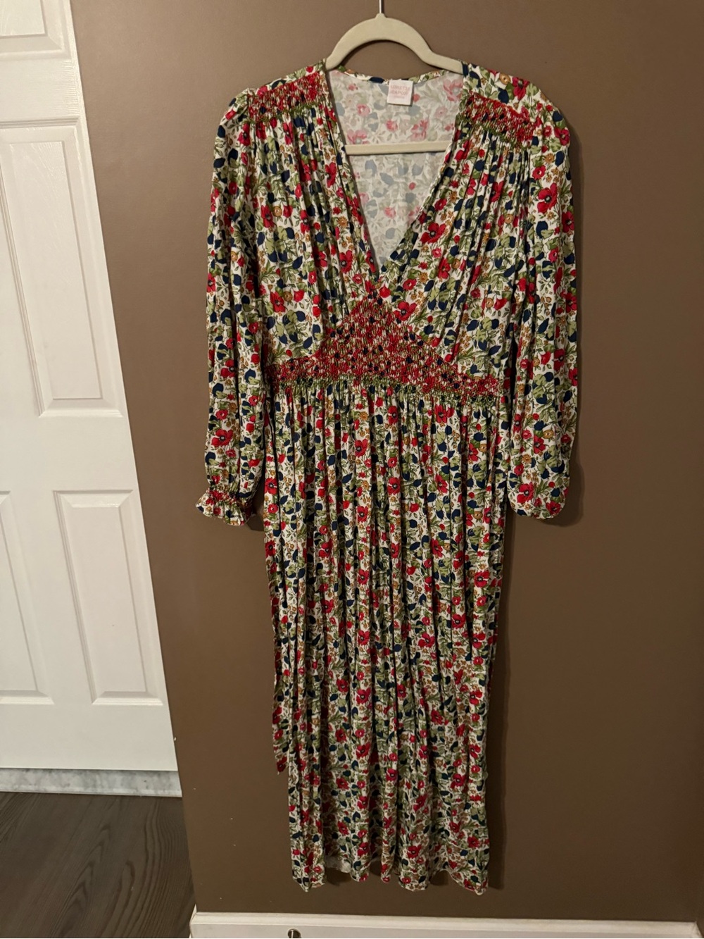 Smocked Waist Floral Midi Dress - Red & Green